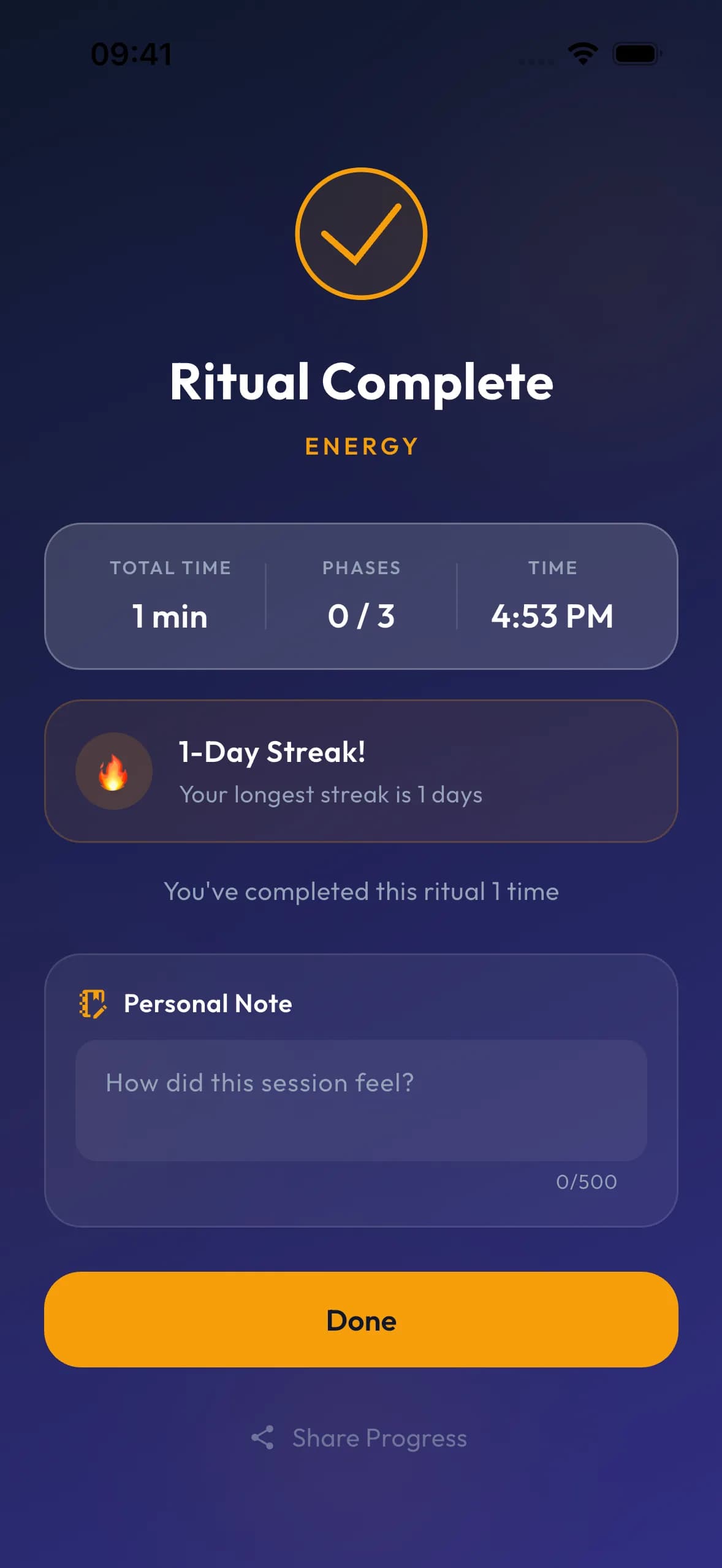 RitualFlow ritual-complete celebration with streak and session stats on Android