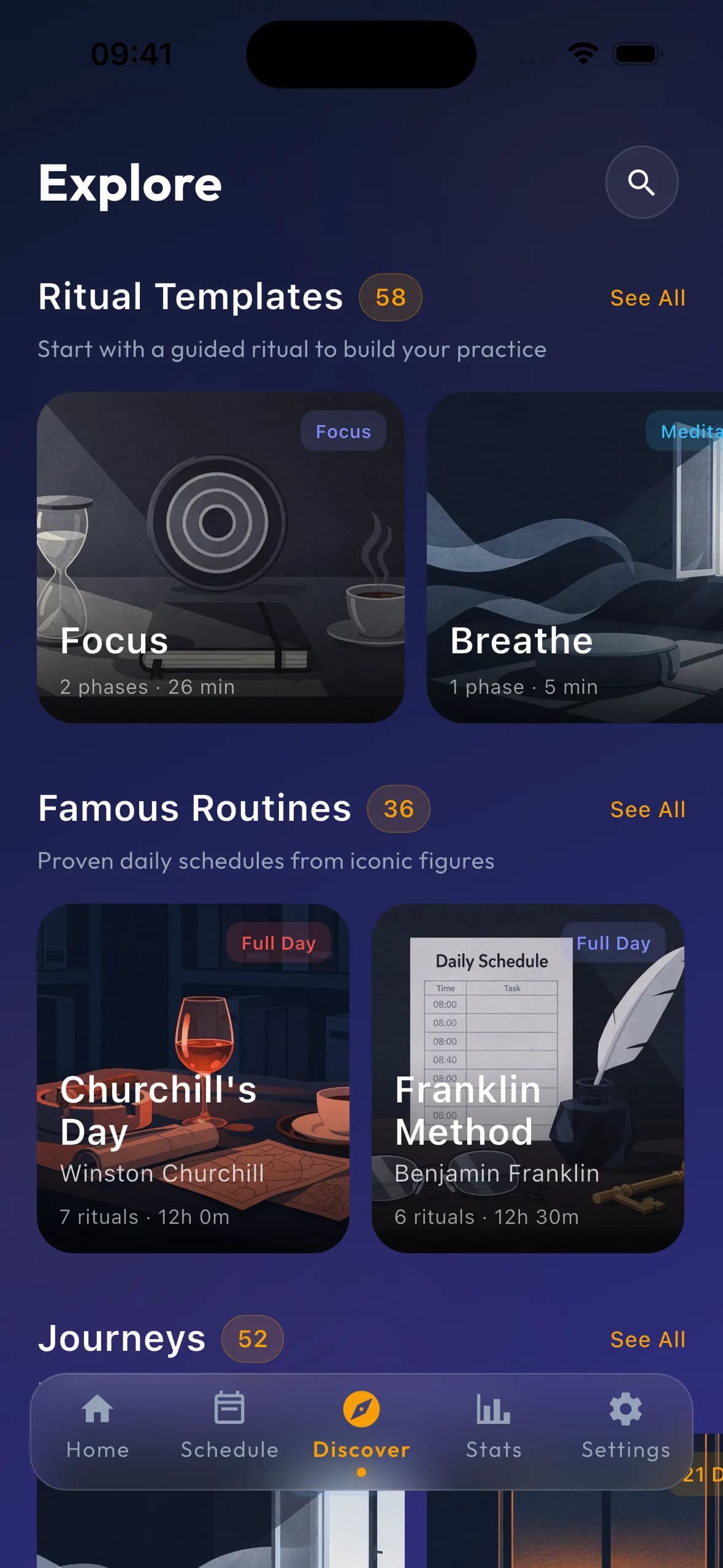 RitualFlow Explore screen with ritual templates and famous routines on Android