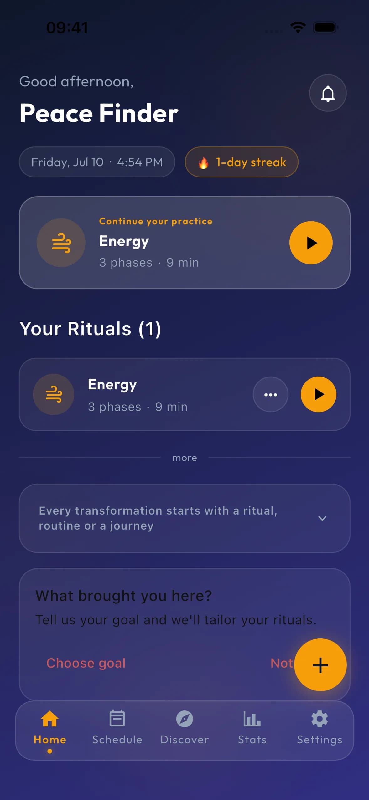 RitualFlow home with today's ritual queue and streak on iPhone