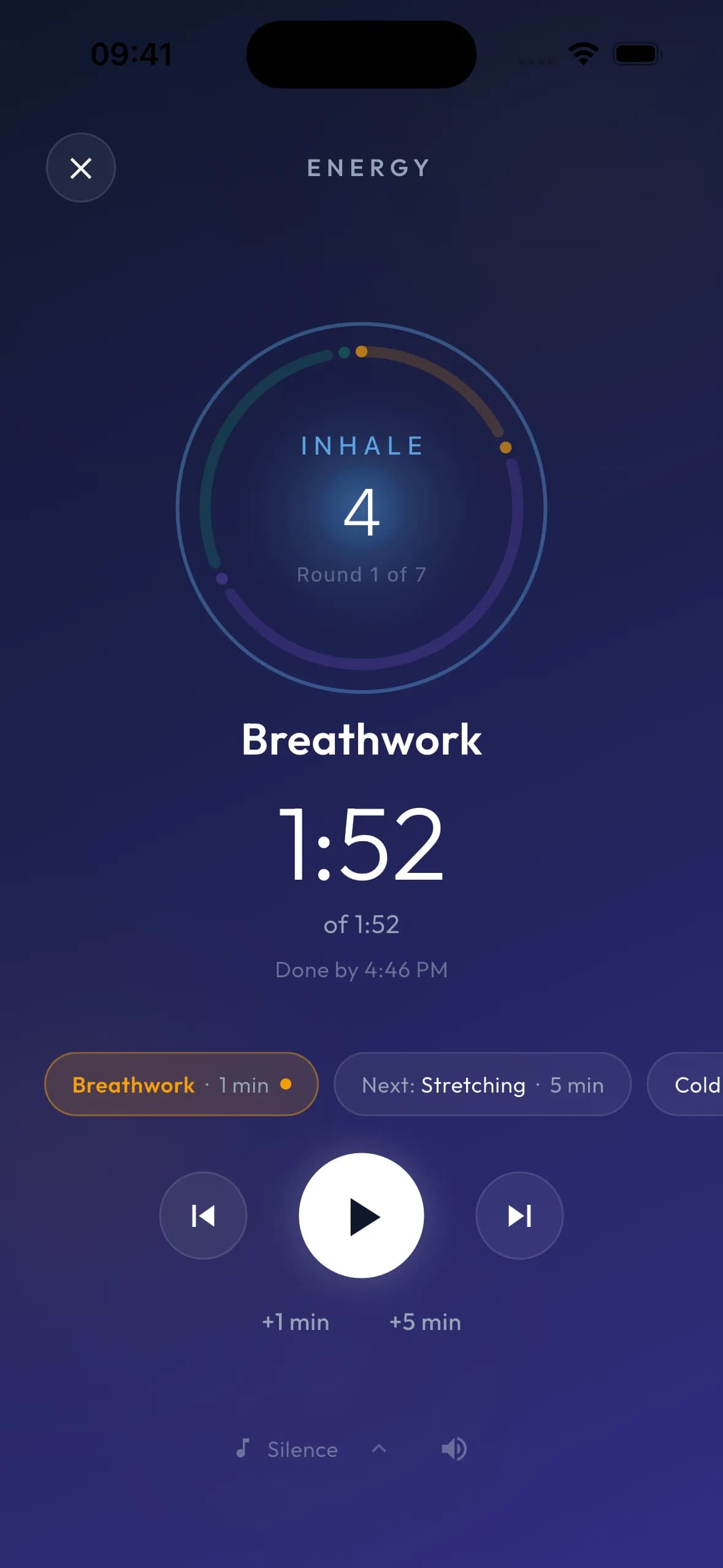 RitualFlow immersive player mid-ritual with breathing guide on iPhone