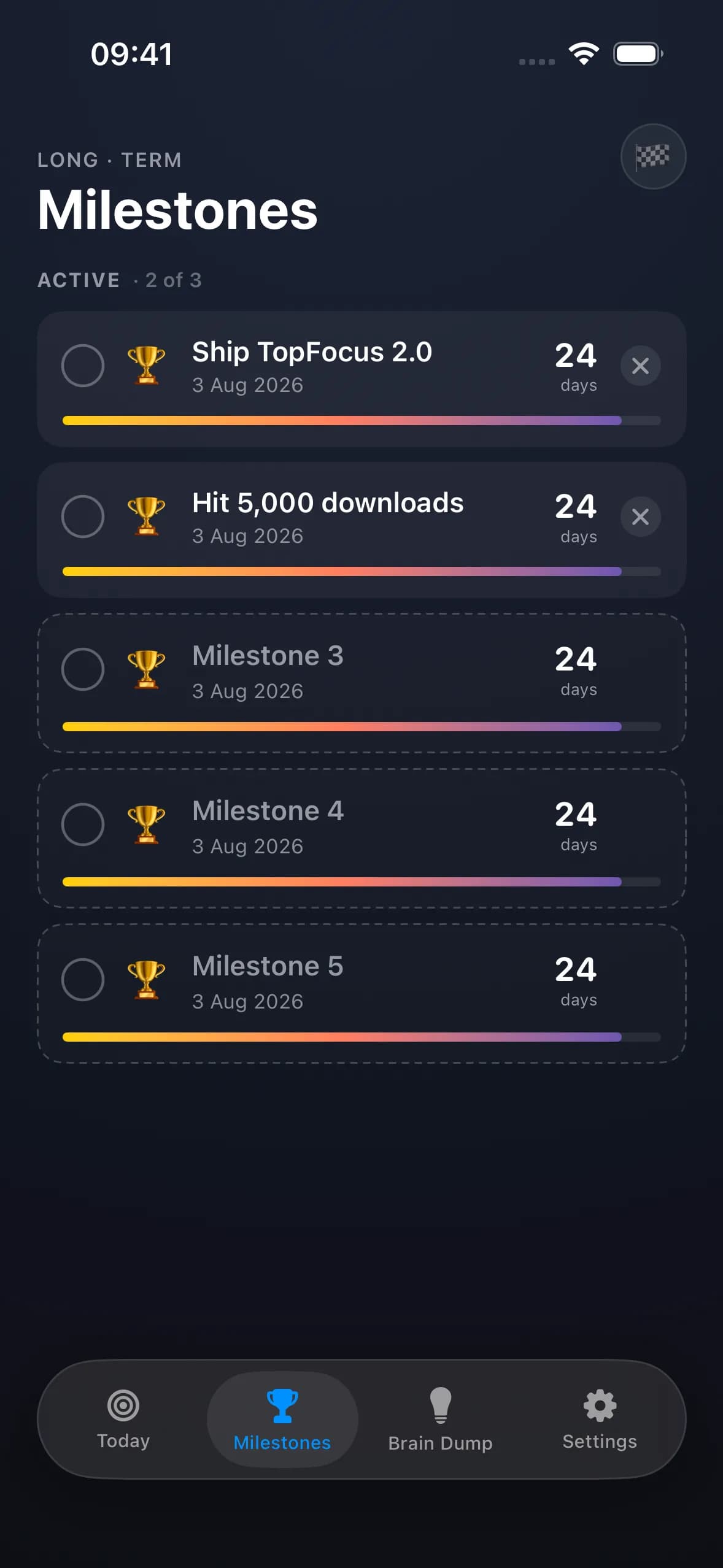 TopFocus long-term milestones with progress bars on Android