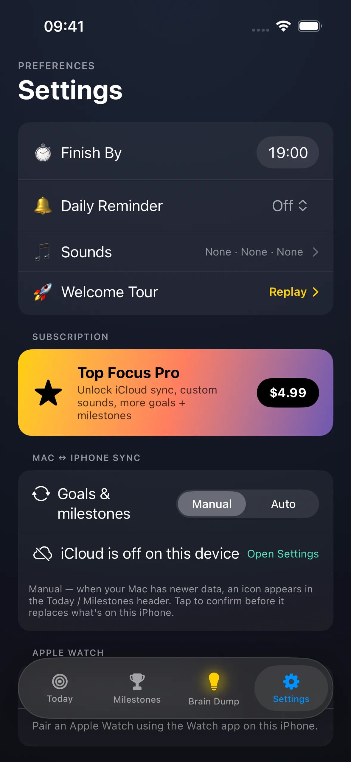 TopFocus settings with Finish By deadline and sync options on Android