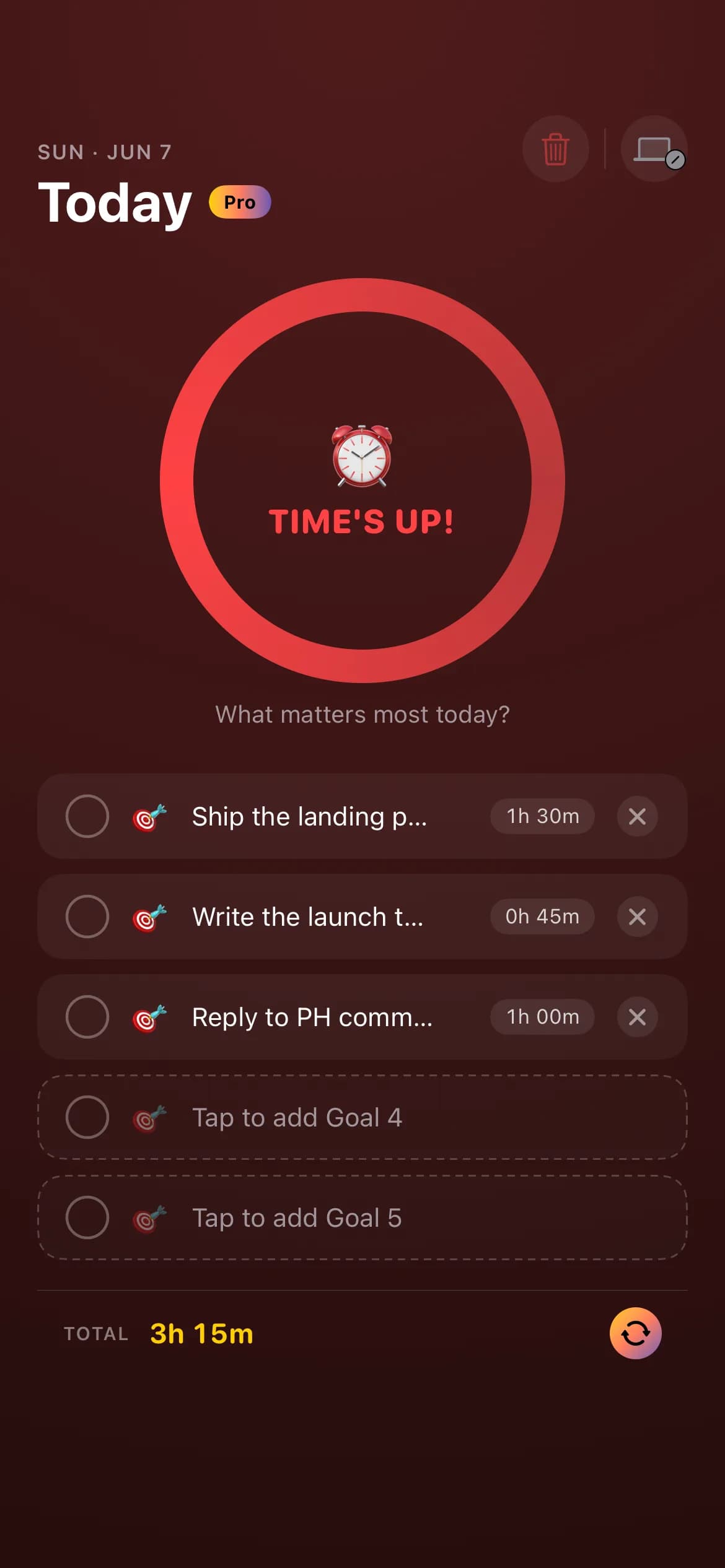 TopFocus deadline-hit state with the red TIME'S UP ring on iPhone