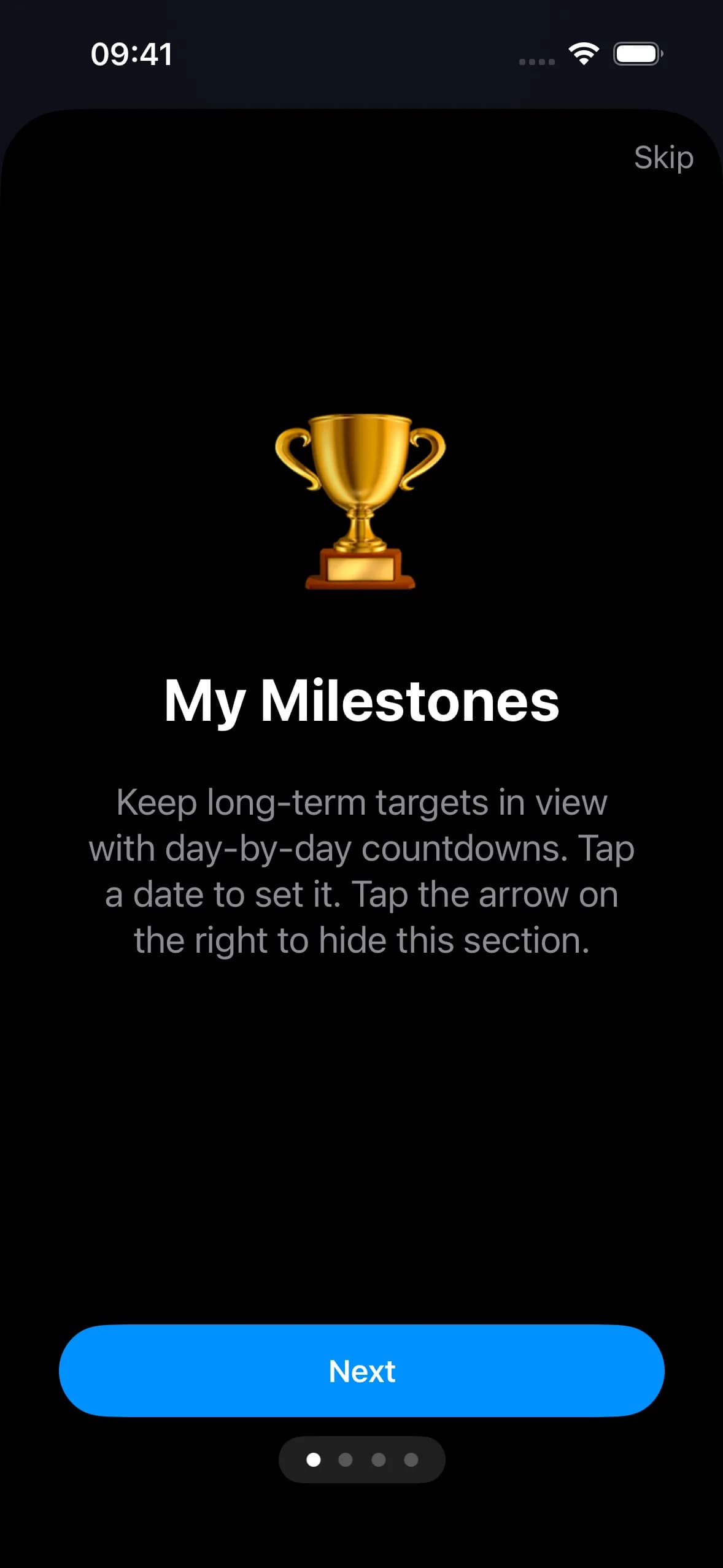 TopFocus welcome tour introducing milestones on iPhone